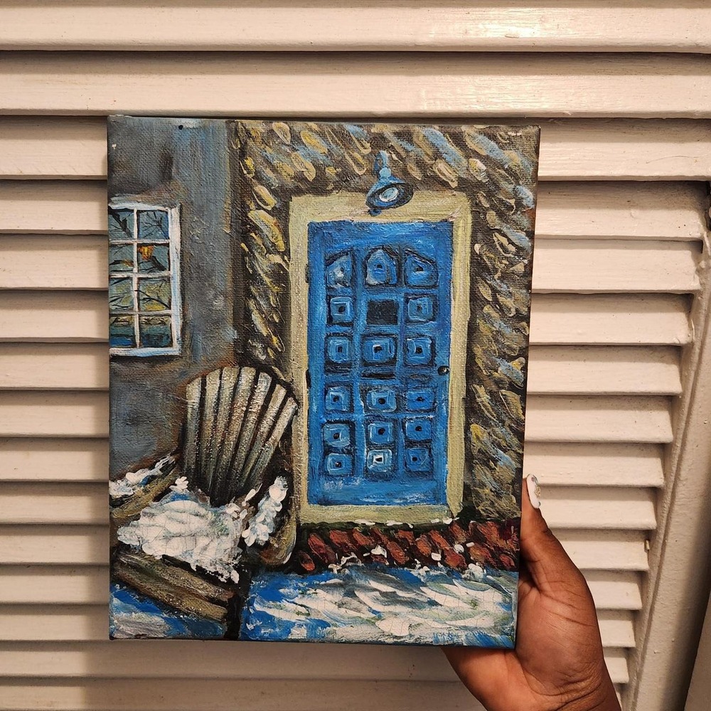 Original acrylic painting titled "Snowy Blue Door" by artist Anna Kapustina.